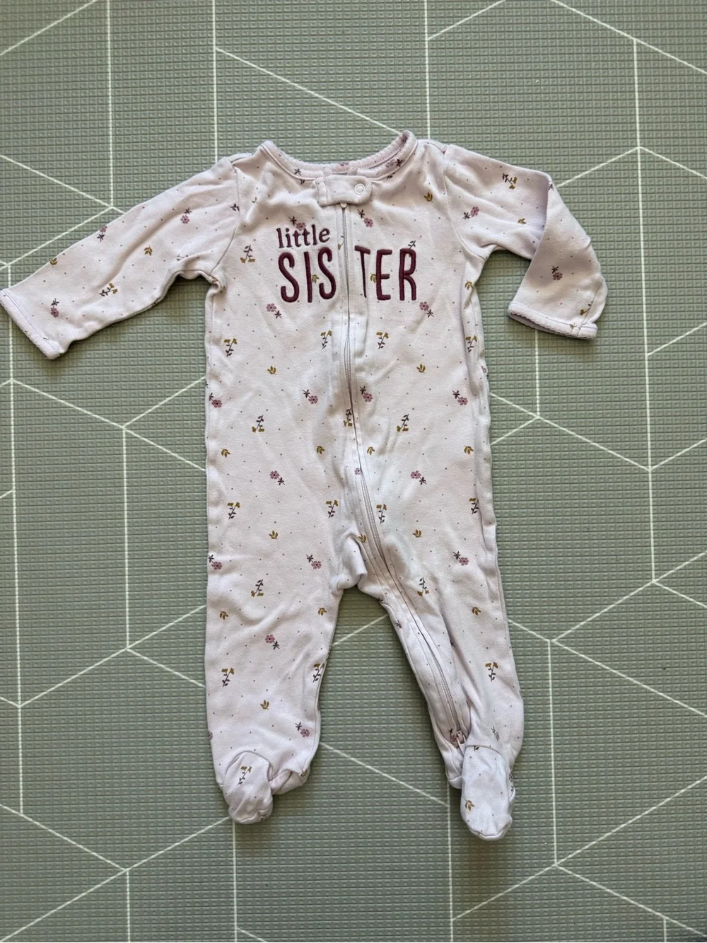 Carters|Baby girl Pink Ditsy Floral full zip One-Piece footies,LITTLE SISTER•••